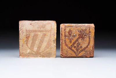 Two medieval slip-decorated tiles with the coat of arms of Burgundy and France, Flanders and France, 14/15th C.