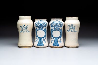 Two pairs of blue and white Spanish albarelli, Teruel and Talavera, 18th C.