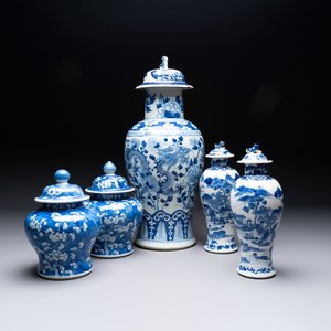 Two pairs of Chinese blue and white covered vases and a large covered vase, 19th C. — 照片 1