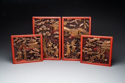 Two pairs of Chinese carved, lacquered and gilt-decorated wooden panels with figural design, 19th C.