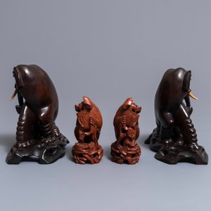 Two pairs of Chinese carved wood models of elephants and buddhist lions, Republic, 20th C. — 照片 2