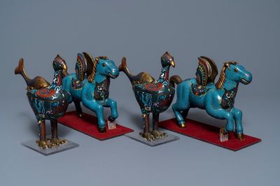 Two pairs of Chinese cloisonné 'phoenix and winged horse' incense burners, 19th C.
