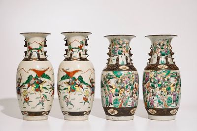 Two pairs of Chinese famille rose and verte Nanking crackle glaze vases, 19th C.