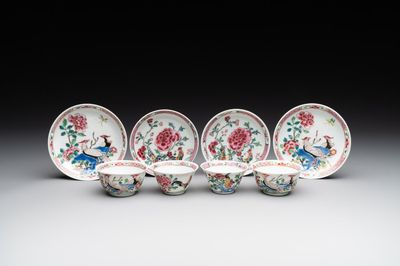 Two pairs of Chinese famille rose cups and saucers with pheasants and roosters, Yongzheng/Qianlong