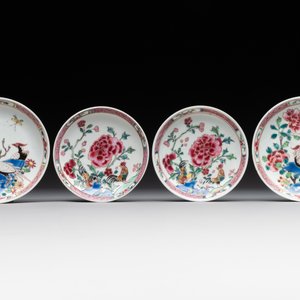 Two pairs of Chinese famille rose cups and saucers with pheasants and roosters, Yongzheng/Qianlong — photo 2