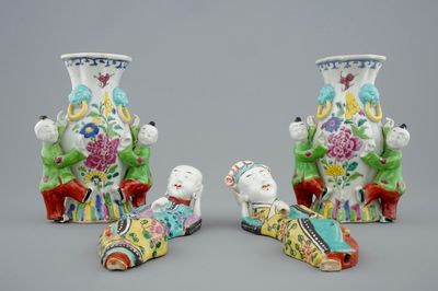 Two pairs of Chinese famille rose figural wall vases, Qianlong, 18th C.