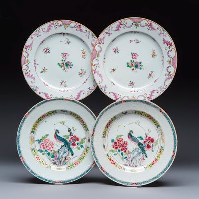 Two pairs of Chinese famille rose plates, Yongzheng/Qianlong