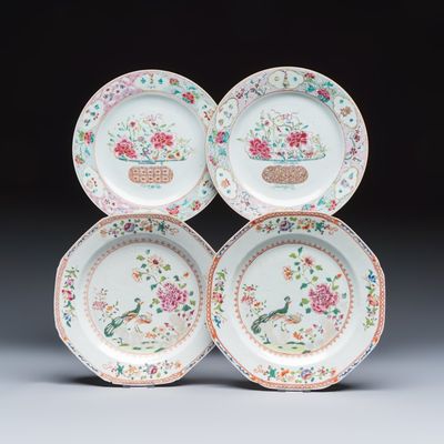 Two pairs of Chinese famille rose plates, Qianlong