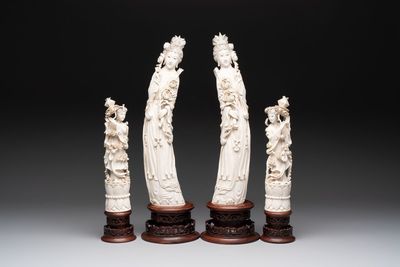 Two pairs of Chinese ivory 'elegant beauty' carvings, 'Da Hai 大海' mark, 19/20th C.
