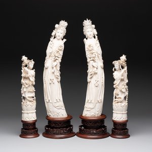 Two pairs of Chinese ivory 'elegant beauty' carvings, 'Da Hai 大海' mark, 19/20th C. — 照片 1