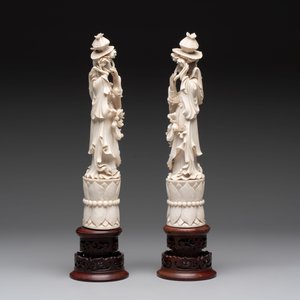 Two pairs of Chinese ivory 'elegant beauty' carvings, 'Da Hai 大海' mark, 19/20th C. — 照片 11