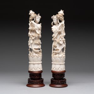 Two pairs of Chinese ivory 'elegant beauty' carvings, 'Da Hai 大海' mark, 19/20th C. — 照片 8