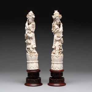 Two pairs of Chinese ivory 'elegant beauty' carvings, 'Da Hai 大海' mark, 19/20th C. — 照片 9