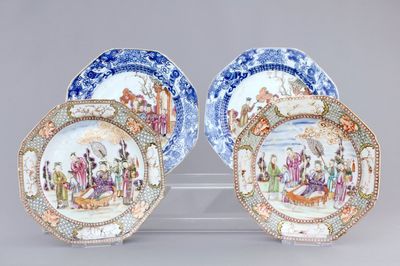 Two pairs of Chinese octagonal famille rose Mandarin plates, Qianlong, 18th C.
