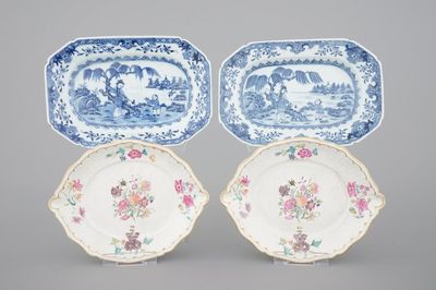 Two pairs of Chinese porcelain serving trays, blue and white and famille rose, 18th C.