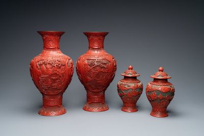Two pairs of Chinese red cinnabar lacquer vases, 19/20th C.