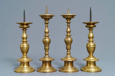 Two pairs of Dutch or Flemish bronze pricket candlesticks, 17th C.