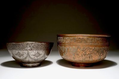 Two Persian engraved tinned copper bowls, prob. Iran, 18th C.
