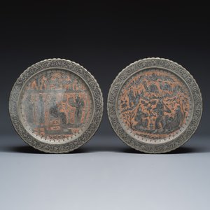 Two Persian engraved tinned-copper dishes — photo 1