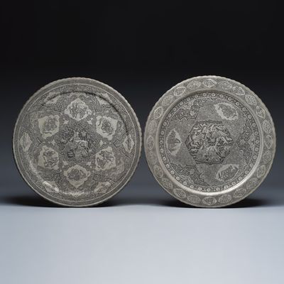 Two Persian engraved tinned-copper trays with narrative design, 19/20th C.