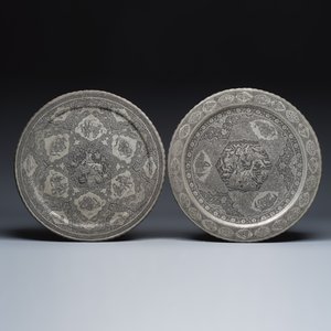 Two Persian engraved tinned-copper trays with narrative design — photo 1