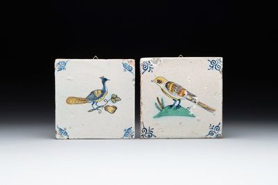 Two polychrome Dutch Delft 'bird' tiles, 17th C.