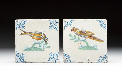 Two polychrome Dutch Delft 'bird' tiles, 17th C.