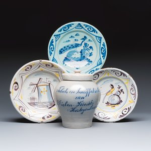Two polychrome Dutch Delft dishes, a blue and white 'Peacock' dish and a tobacco jar — photo 1