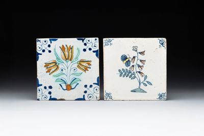 Two polychrome Dutch Delft 'flower' and 'butterfly and flower' tiles, 17th C.