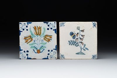 Two polychrome Dutch Delft 'flower' and 'butterfly and flower' tiles, 17th C.
