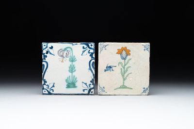 Two polychrome Dutch Delft 'flower' tiles, 17th C.