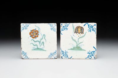 Two polychrome Dutch Delft 'flower' tiles, 17th C.
