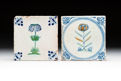 Two polychrome Dutch Delft 'flower' tiles, 17th C.