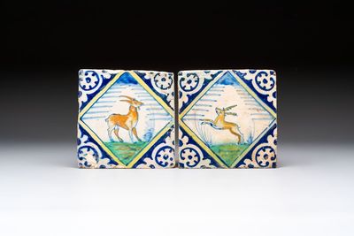 Two polychrome Dutch Delft maiolica 'Goat' and 'Stag' tiles, late 16th C.