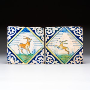 Two polychrome Dutch Delft maiolica 'Goat' and 'Stag' tiles, late 16th C. — photo 1