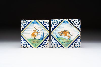 Two polychrome Dutch Delft maiolica 'rabbit' and 'boar' tiles, late 16th C.