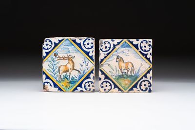 Two polychrome Dutch Delft maiolica 'stag' and 'horse' tiles, late 16th C.