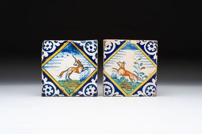 Two polychrome Dutch Delft maiolica 'unicorn' and 'fox' tiles, late 16th C.
