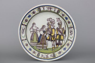 Two polychrome French faience dishes, probably Lille, Wamps-Masquelier workshop, late 18th C.v