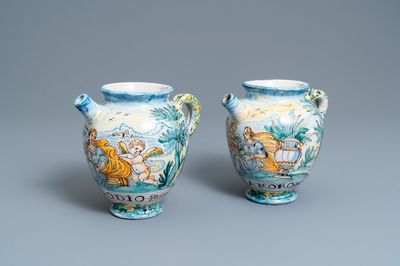 Two polychrome Italian maiolica wet drug jars, 19th C.