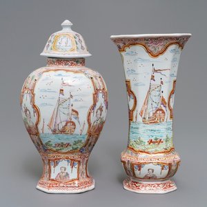 Two polychrome petit feu and gilded Dutch Delft vases with boats, 18th C. — 照片 1