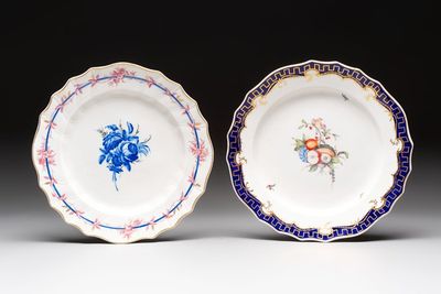 Two polychrome The Hague-decorated Tournai porcelain plates, stork marks, 18th C.