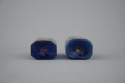 Two rare German painted blue glass flasks, 18th C.