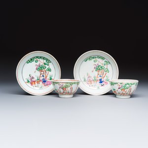 Two sets of Chinese export famille rose 'Cherry Pickers' tea bowls and saucers — foto 1