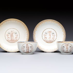 Two sets of Chinese export monogrammed polychrome cups and saucers, Qianlong/Jiaqing — photo 1