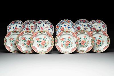 Two sets of six Chinese famille rose plates with peonies, Yongzheng/Qianlong