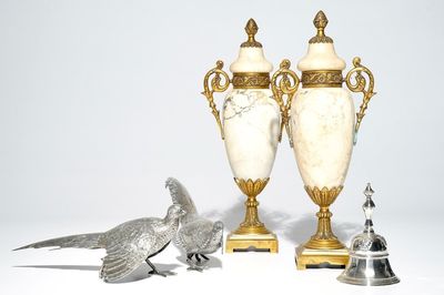 Two silver pheasants, a table bell and a pair of marble urns and covers, 19/20th C.