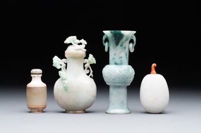 Two small Chinese jade vases and two snuff bottles, 19th C.