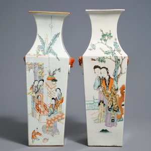 Two square Chinese qianjiang cai vases with buddhist lions and ladies, 19/20th C. — 照片 3