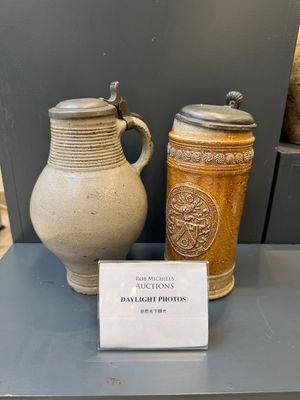 Two stoneware jugs with pewter lids, one with a coat of arms and dated 1636, Germany, 17th C. — photo 1